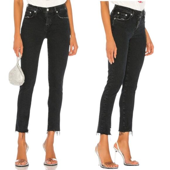 Agolde Toni Mid Rise Straight Black Denim Jeans Raw Hem Size 24 $158 MSRP - Picture 1 of 7